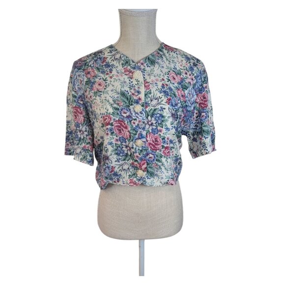 VTG Marilyn Womens Floral Button Up Waist Crop Blouse Top Sz Small Rose Buttons - Picture 1 of 5